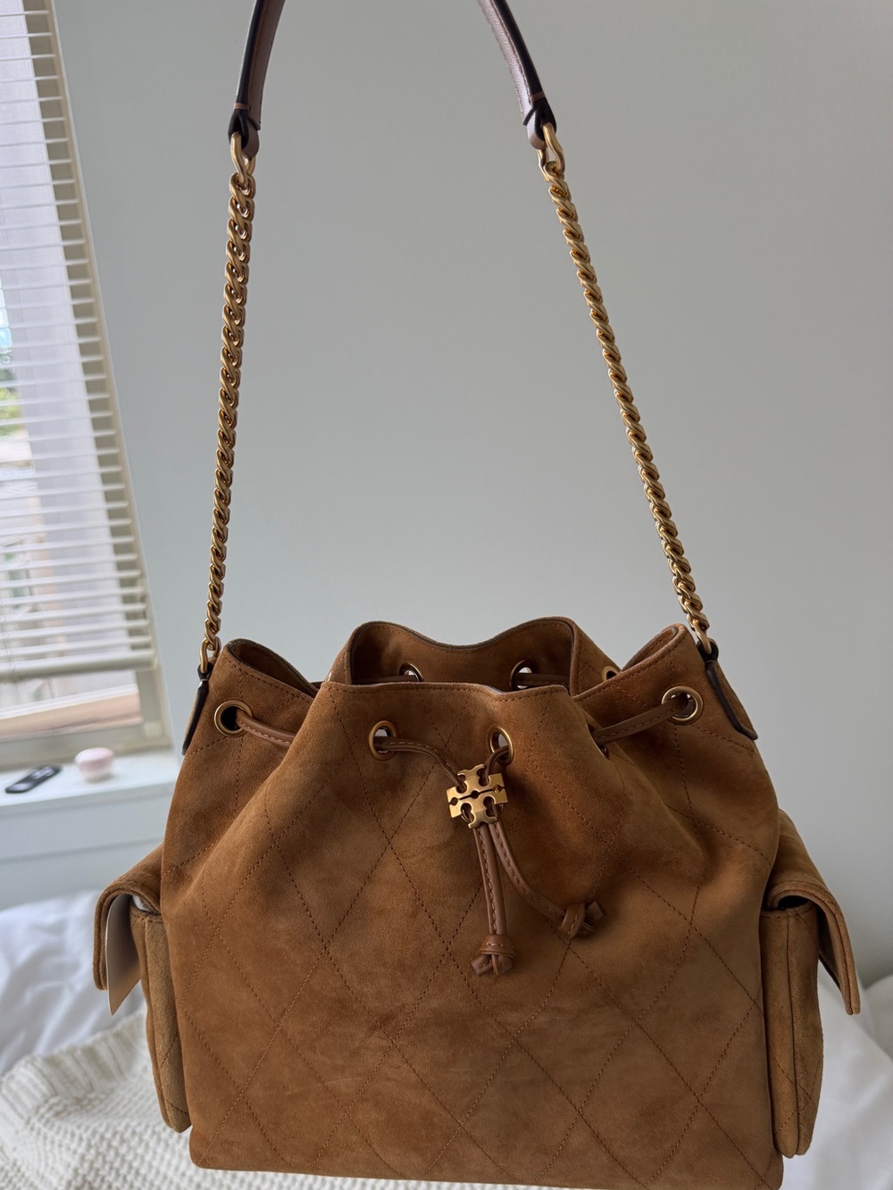 Tory Burch Charlie Quilted Suede Drawstring Shoulder in Toffee - Picture 2 of 6